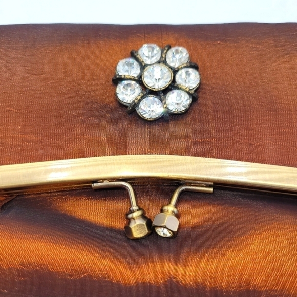 Vintage Burnt Copper Satin Fold-Over Clutch | Rhinestone Flower Details